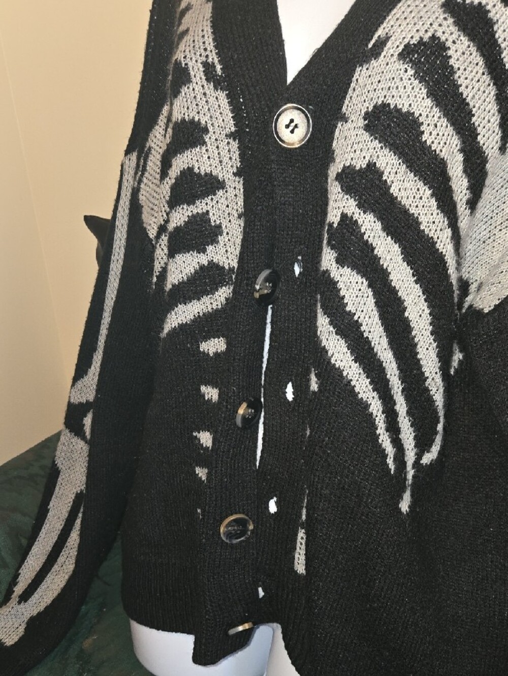 Dolls Kill Black & Gray Skeleton-Print V-Neck Button Cardigan - Picture 2 of 4